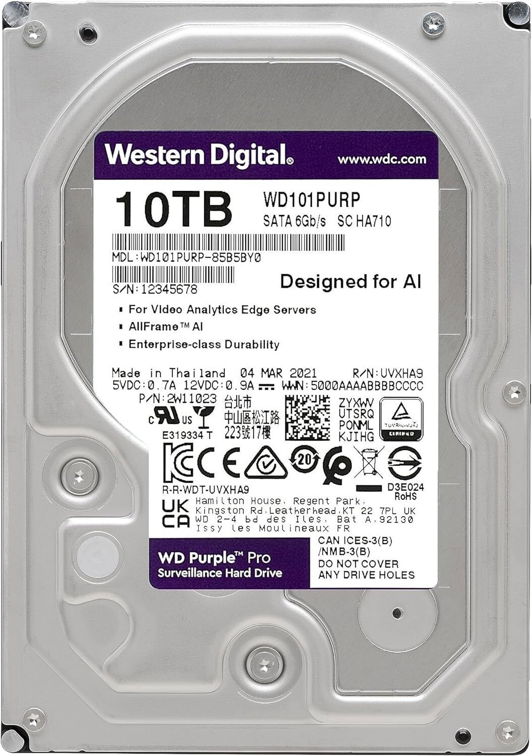 WD 10TB Purple HDD Surveillance OEM Internal Hard Drive WD101PURX